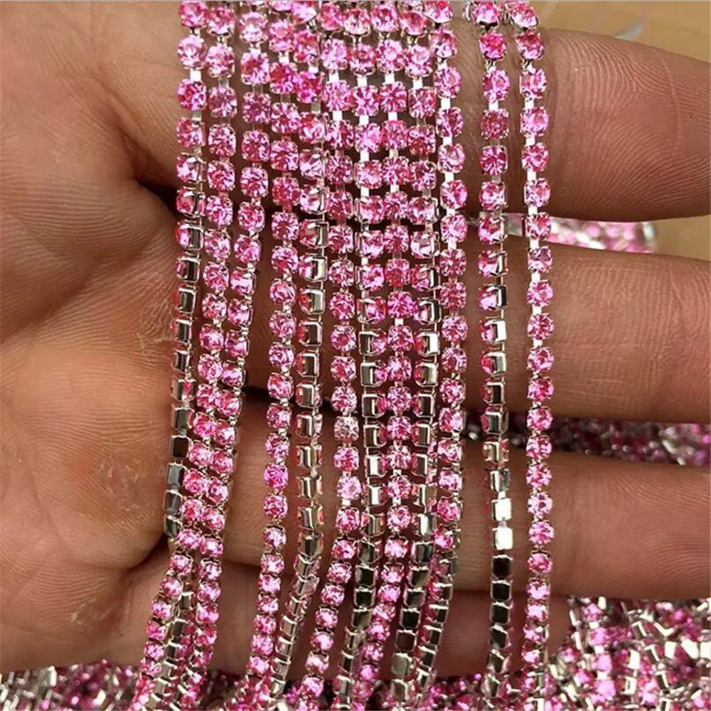 

10Yard Bright Dyeing Pink DIY Rhinestone Chain Dense Silver Base Claw Crystal Rhinestone Chain Wedding Clothing Art Decoration