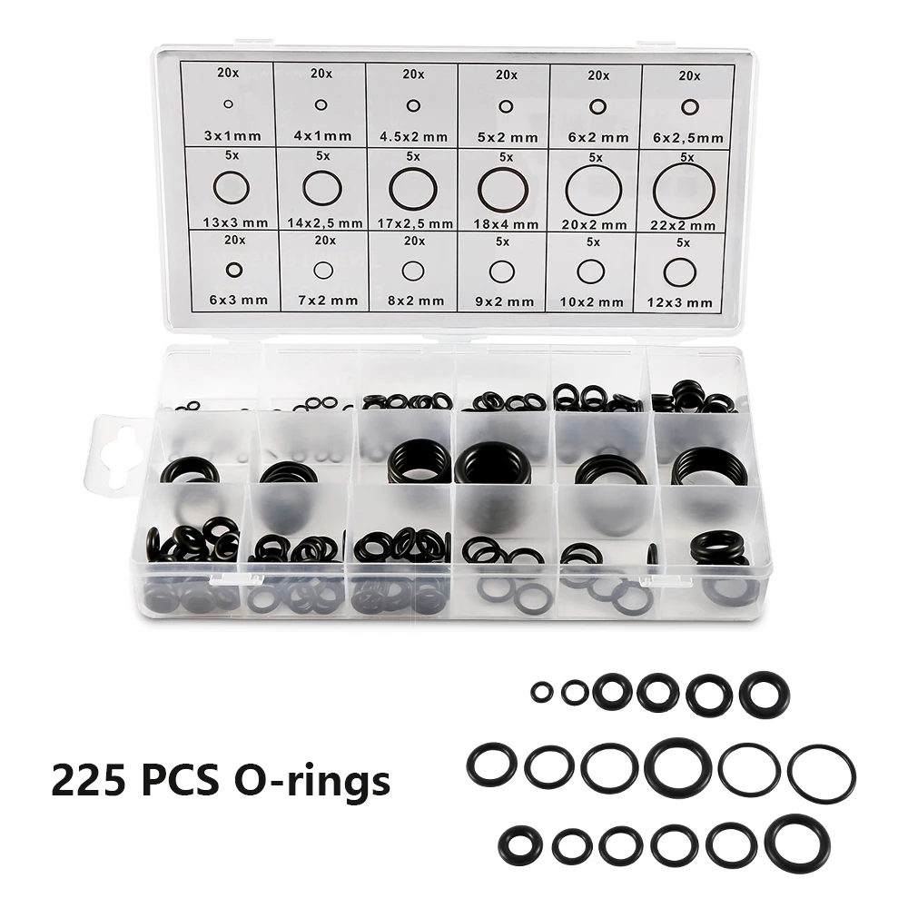 

225pcs Rubber O Ring Gasket Assortment Washer Gasket Sealing Oil UV Resistance with Plastic Box for Piping Hydraulic Connection