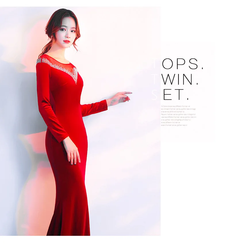 Vestido Longo Plus Size Hot Sale Full Mesh Dress 2018  Velvet Party Autumn Long Sleeve Company Annual Meeting Host Fish Tail (14)