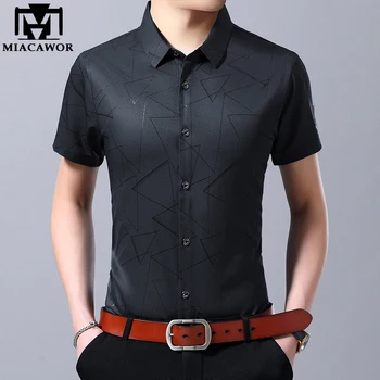 

MIACAWOR New Summer Short Sleeve Shirt Men Print Business Casual Shirts Slim Fit Dress Shirts Camisa Masculina Clothing C440