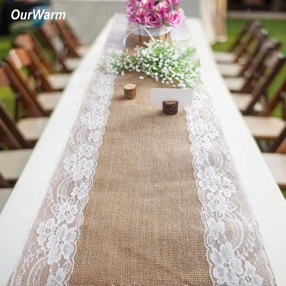 

OurWarm 10PCS Linen Table Runner 30x275cm Natural Jute Country Lace Table Runners for Home Christmas Party Wedding Decorations