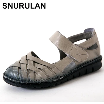 

SNURULAN Summer Shoes Woman Genuine Leather Flat Sandals Soft bottom Comfortable Women Shoes Hand sewing Gladiator SandalsE407