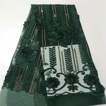 

2019 New style French net lace fabric Green 3D flower African tulle mesh lace fabric high quality nigerian Sequins lace fabrics