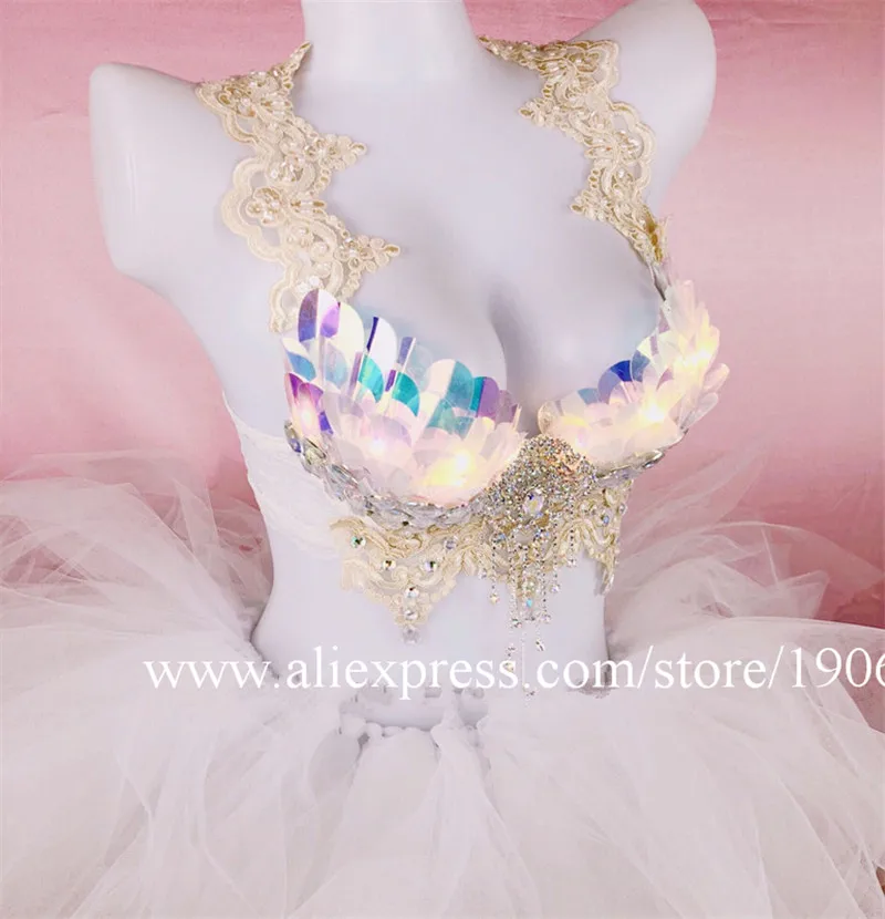 

White Led Luminous Sexy Lady Party Bra Tutu Dress Led Light Up Dance Team Suit Clothes DJ Led Festival Music Ballroom Costume