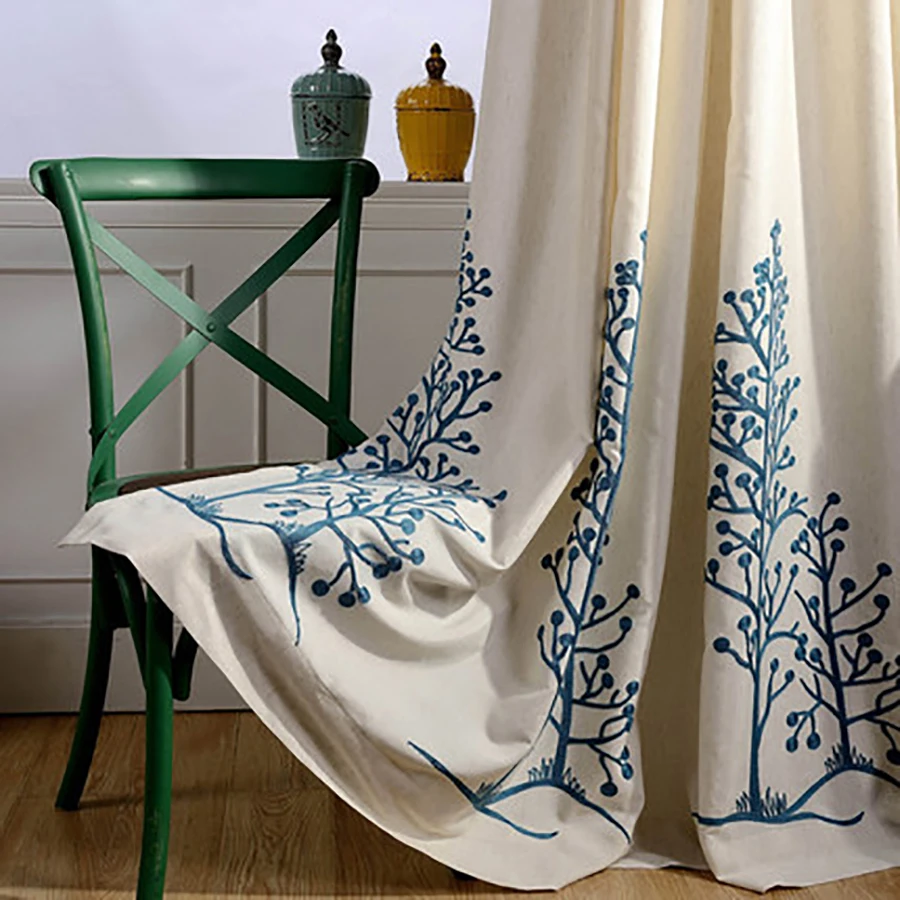 Garden Fresh Windows Cotton Embroidered Curtains Fabric For Bedroom