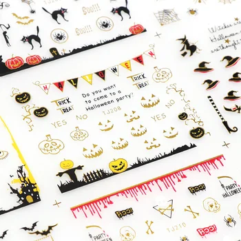 

12 Design/Sheet Halloween Design 3D Nail Art Sticker Gold/Silver Side Ghost Pumpkin Nail Sticker Decor Decal Bat