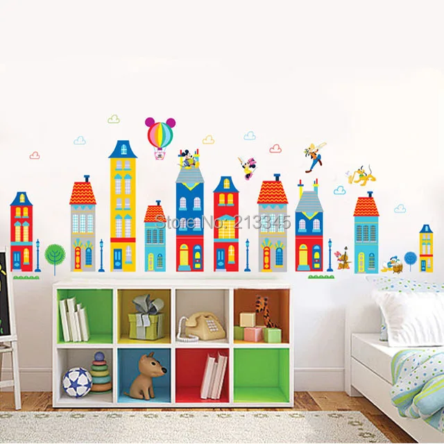 saturday monopoly diy wall sticker mickey house building design decals cartoon baby room children