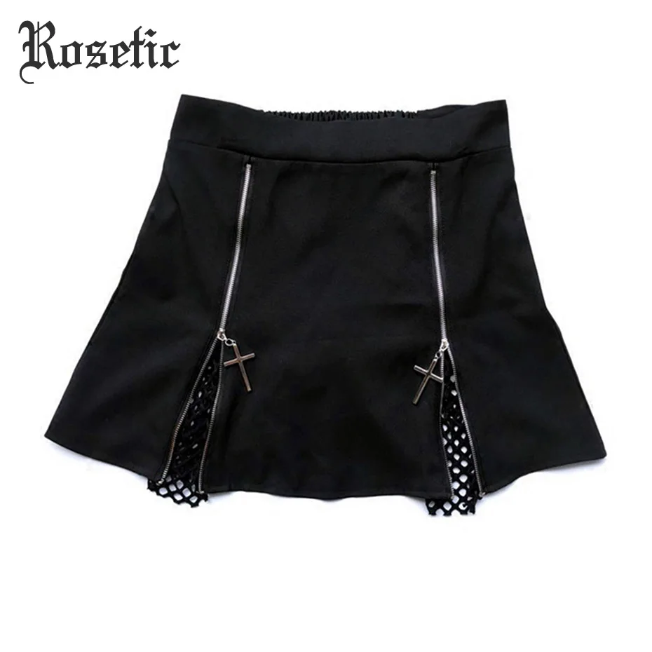 Rosetic, женская готическая мини-юбка, черная, трапециевидная, с перекрестной молнией, с сеткой, сексуальная, для путешествий, клуба, вечерние, для девушек, повседневные, готические юбки