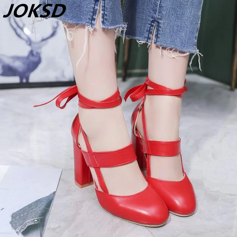 

Plus Size 34-43 Female Ankle Strap High Heels Flock Gladiator Shoes Thick Heel Fashion Women Party Wedding Pumps Drop Shipping