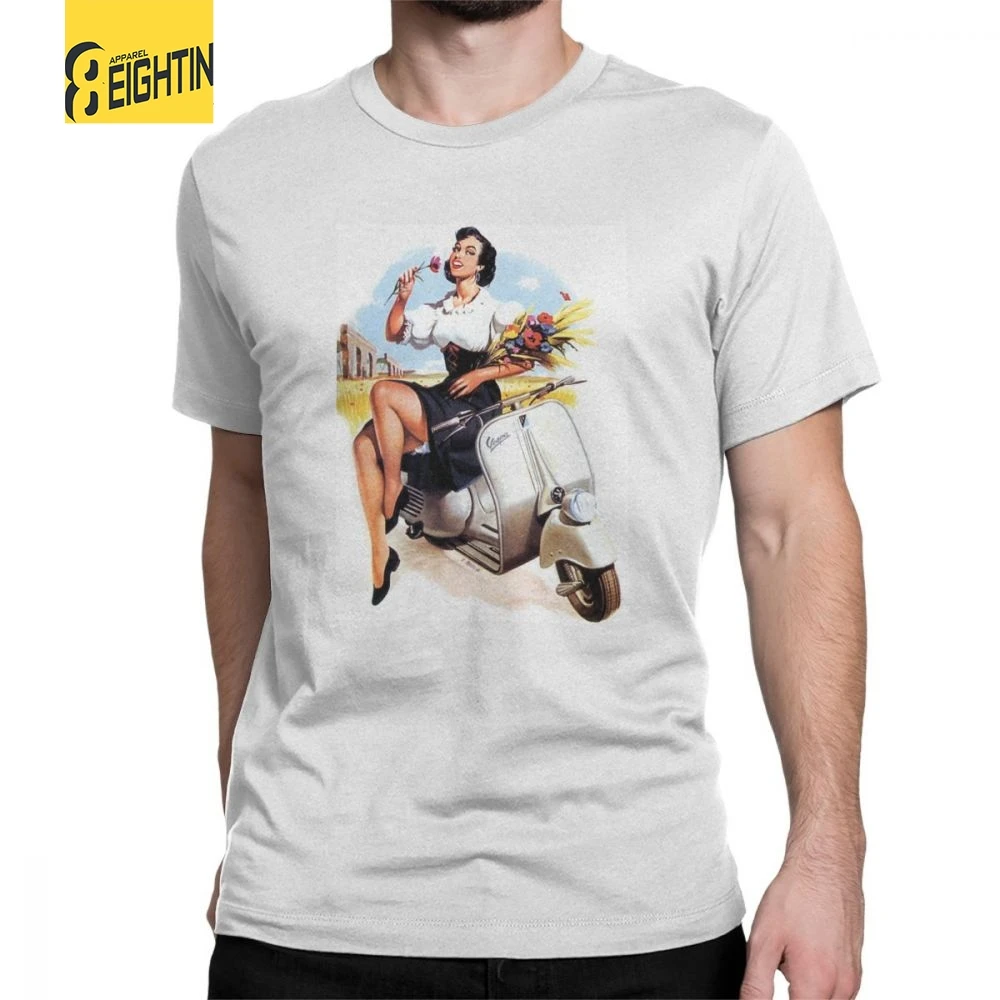 

Vespa T Shirts Scooter Woman With Flowers And Loose Skirt Sitting On Small Motorcycle T-Shirts Man Tee Shirt 100% Cotton Tops