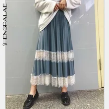 SHENGPALAE/Новинка, весенняя, весенняя, японская, Корейская, стильная, женская, до лодыжки, Лоскутная, с кружевами, плиссированная, тонкая юбка, FQ897