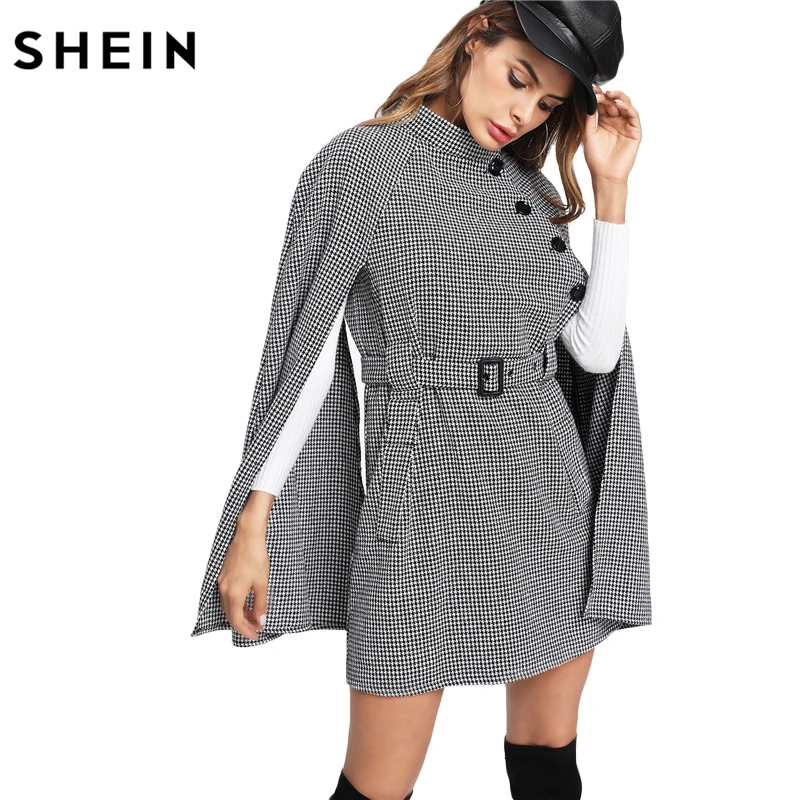 SHEIN Многоцветное Элегантное Модное Клетчатое Пончо С Поясом Винтажное Длинное