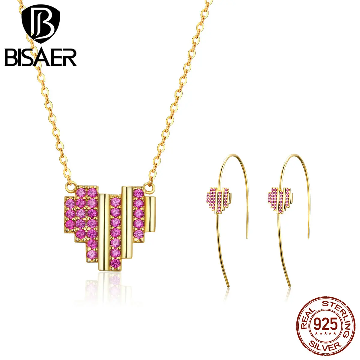 

BISAER Romantic 925 Sterling Silver Love Heart Pink CZ Necklace Earrings Women Jewelry Sets Silver 925 Jewelry WES076