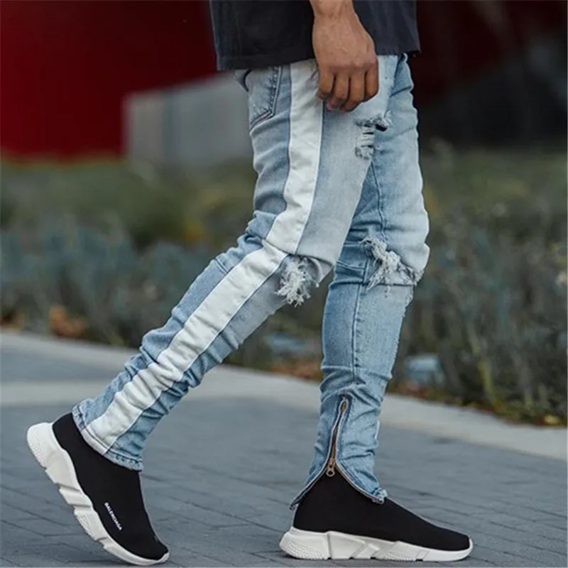 Мужские рваные джинсы с дырками, модные обтягивающие джинсы в стиле хип-хоп с боковой полоской, обтягивающие джинсы-карандаш для мужчин, Стрейчевые черные джинсы на молнии