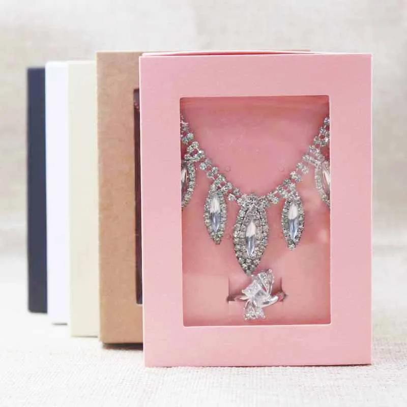 Wholesale necklace with earring /ring set display & packing window box,pink/beige/kraft/black/white jewelry packing box 30pcs Jewelry Packaging