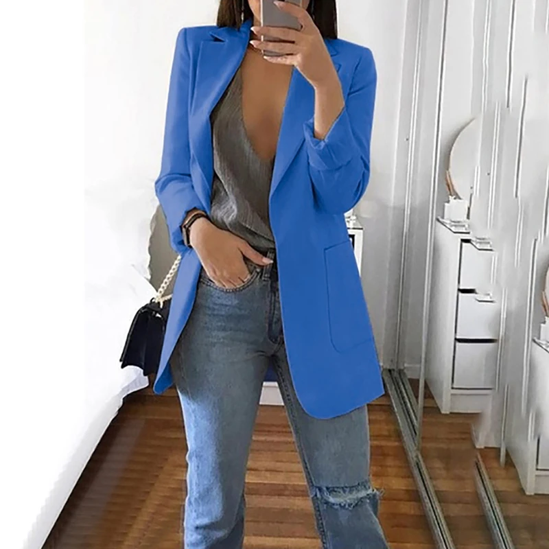 

CALOFE Women Long Sleeve Solid Color Turn-down Collar Coat Lady Business Suit Cardigan Jacket Suit Femme Blazer Slim Top 2019