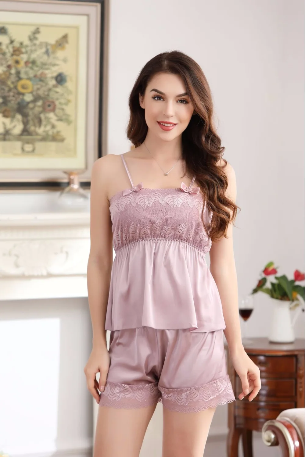2018 Women pajama sets Solid Wholesale Ladies Nylon V neck Sleeveless solid Sleepwear Pure Silk