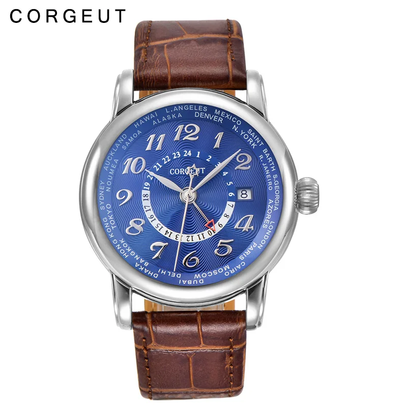 

Corgeut Luxury 43mm Blue dial GMT Stainless steel case leather strap calendar date automatic men watch