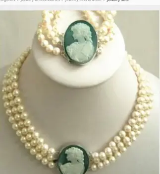 

Women Gift Freshwater fashion 3 rows 7-8mm natural white pearl beads necklace bracelet cameo clasp high grade party