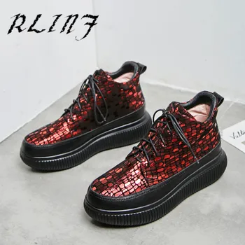 

RLINF casual wild tide shoes new printed leather thick short tube