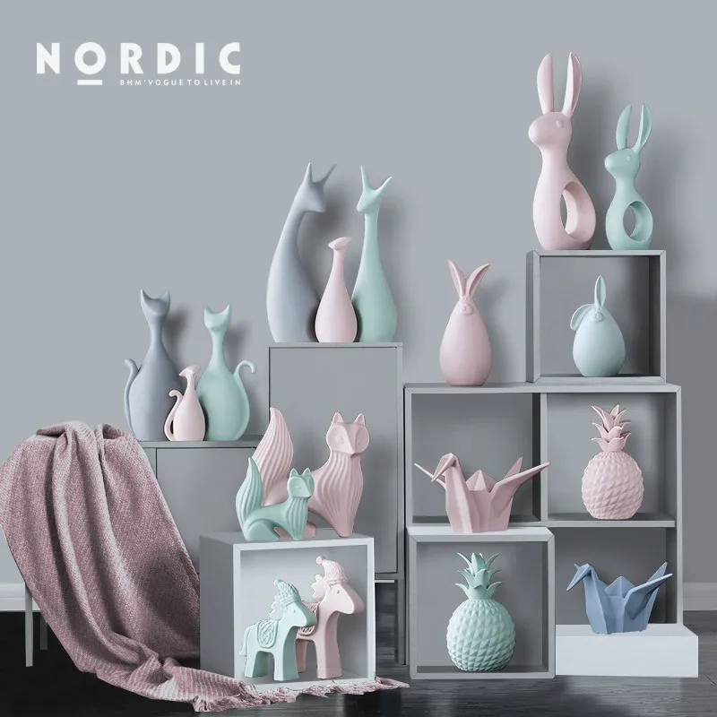 

Nordic Ceramic Deer Cat Figurines Macaron Color Cute Crafts Tabletop Ornaments Wedding Gifts Home Decoration Accessories Modern
