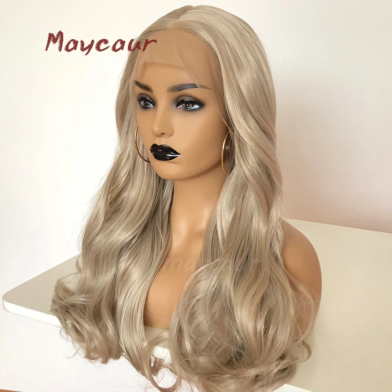 Белый блонд длинные волнистые синтетические кружева спереди парик Средний часть парики из натуральных волос для женщин 180 плотность