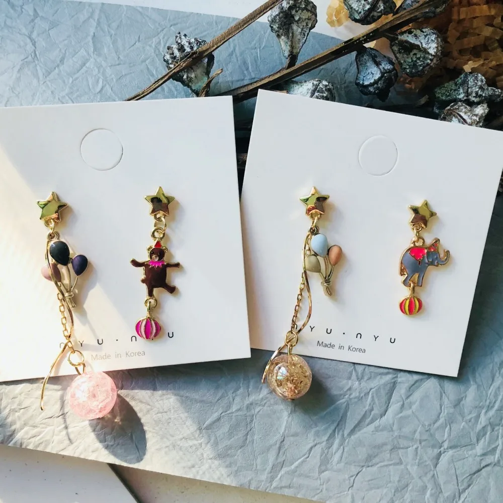 

Korea Handmade Elephant Cartoon Circus Balloon Women Asymmetric Drop Earrings Bangle Earrings Fashion Jewelry