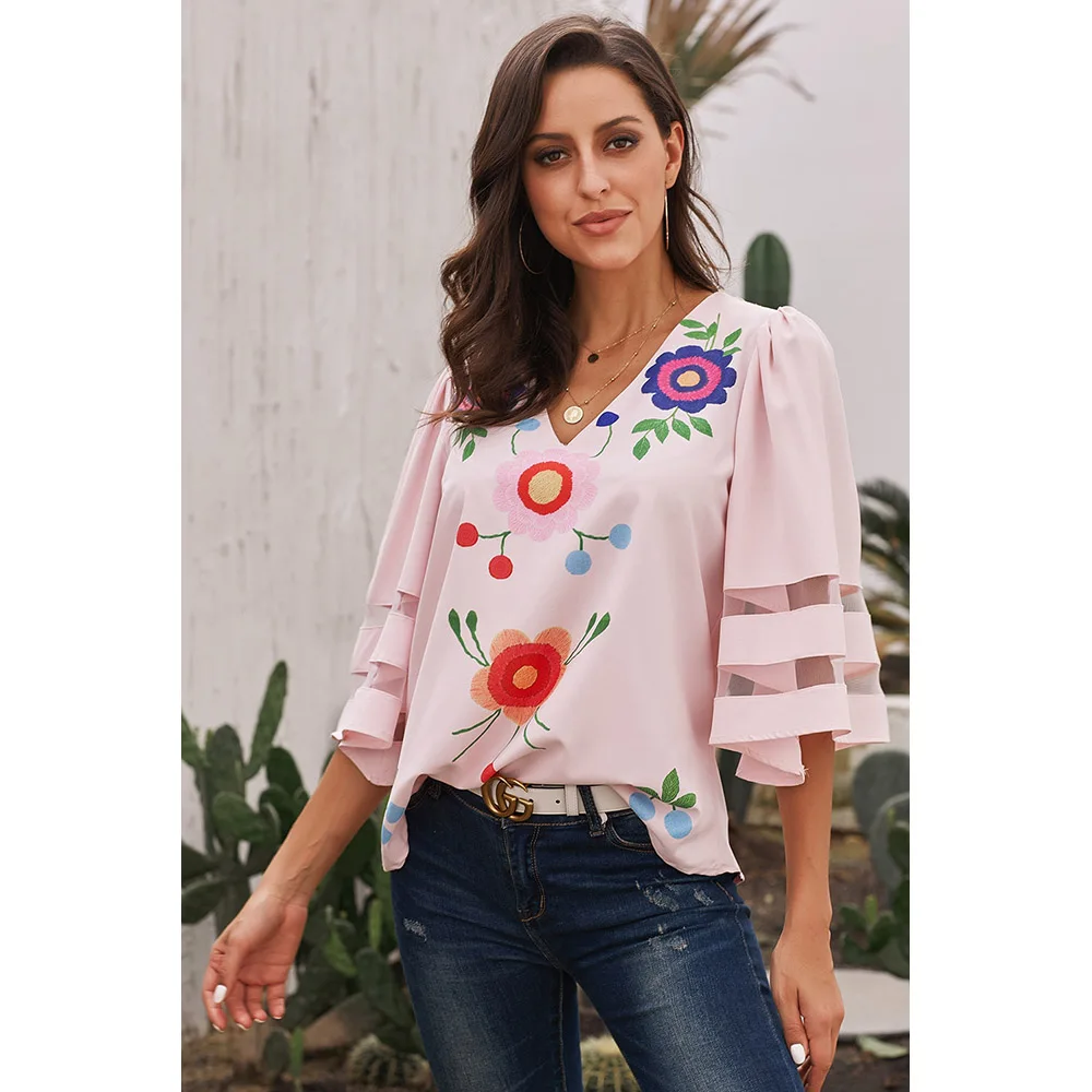 

2019 New Summer Women V Neck Mesh Floral Print Blouse 3/4 Bell Sleeve Chiffon Loose Kimono Autumn Women Casual Blouse Tops