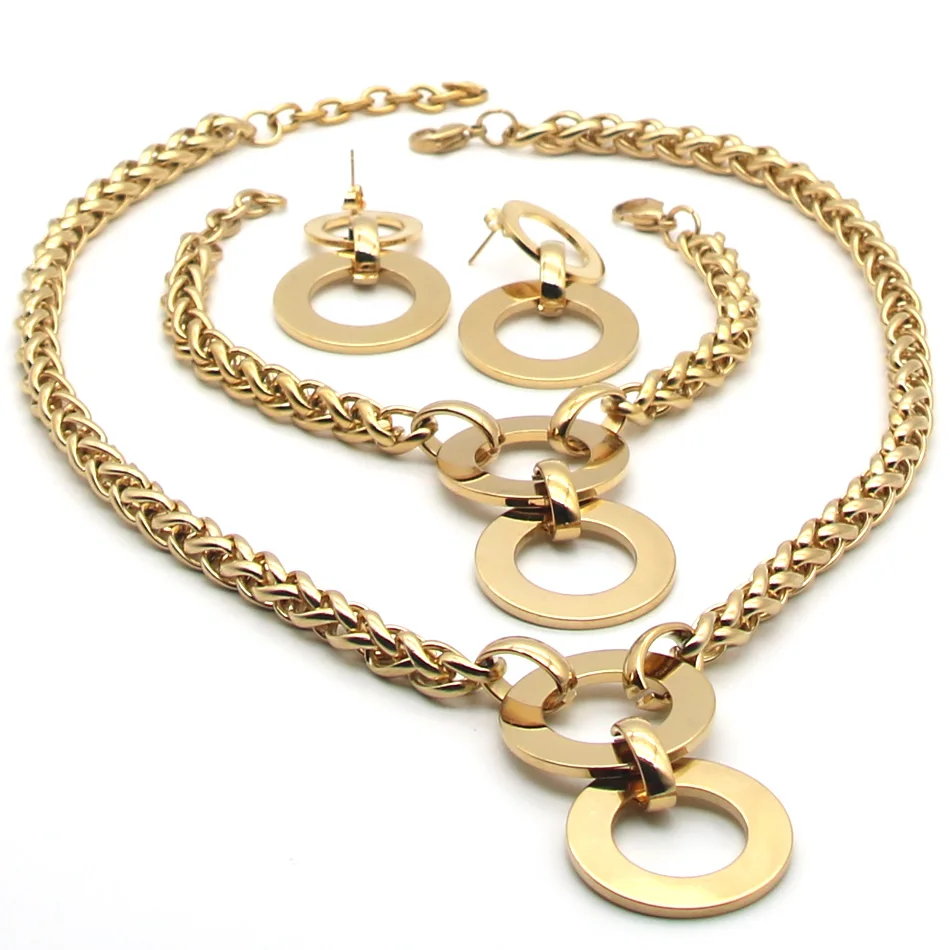 Fashion Jewelry Set Stainless Steel Gold Round Pendant Necklace &amp Bracelet and Earrings for Women La MaxZae | Украшения и