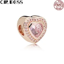 QIUBOSS S925 сверкающий Серебряный Любовь Шарм, Rose & Розовый Кристалл Fit DIY оригинальный браслет ювелирные изделия подарок на день рождения
