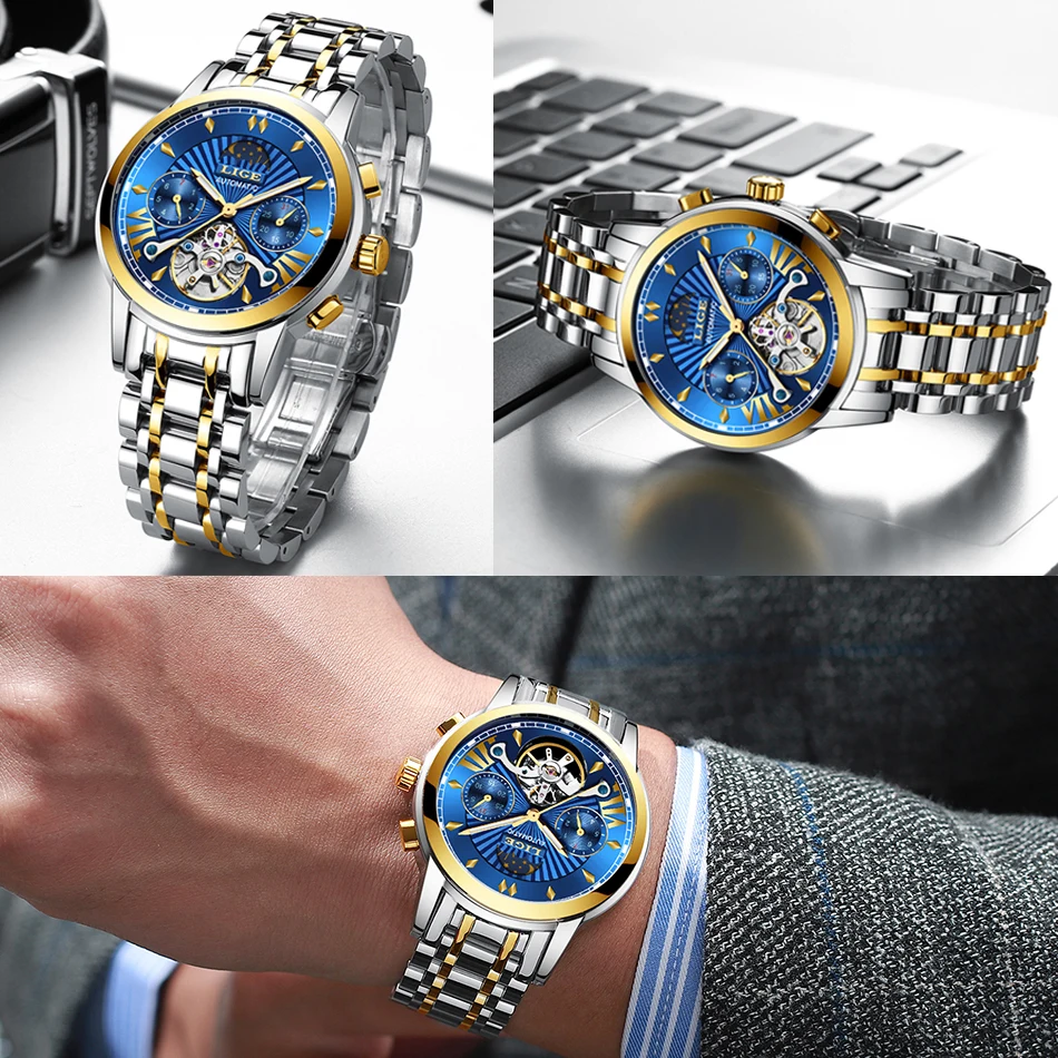 Lige-novo relógio masculino luxuoso mecânico, dourado, automático,