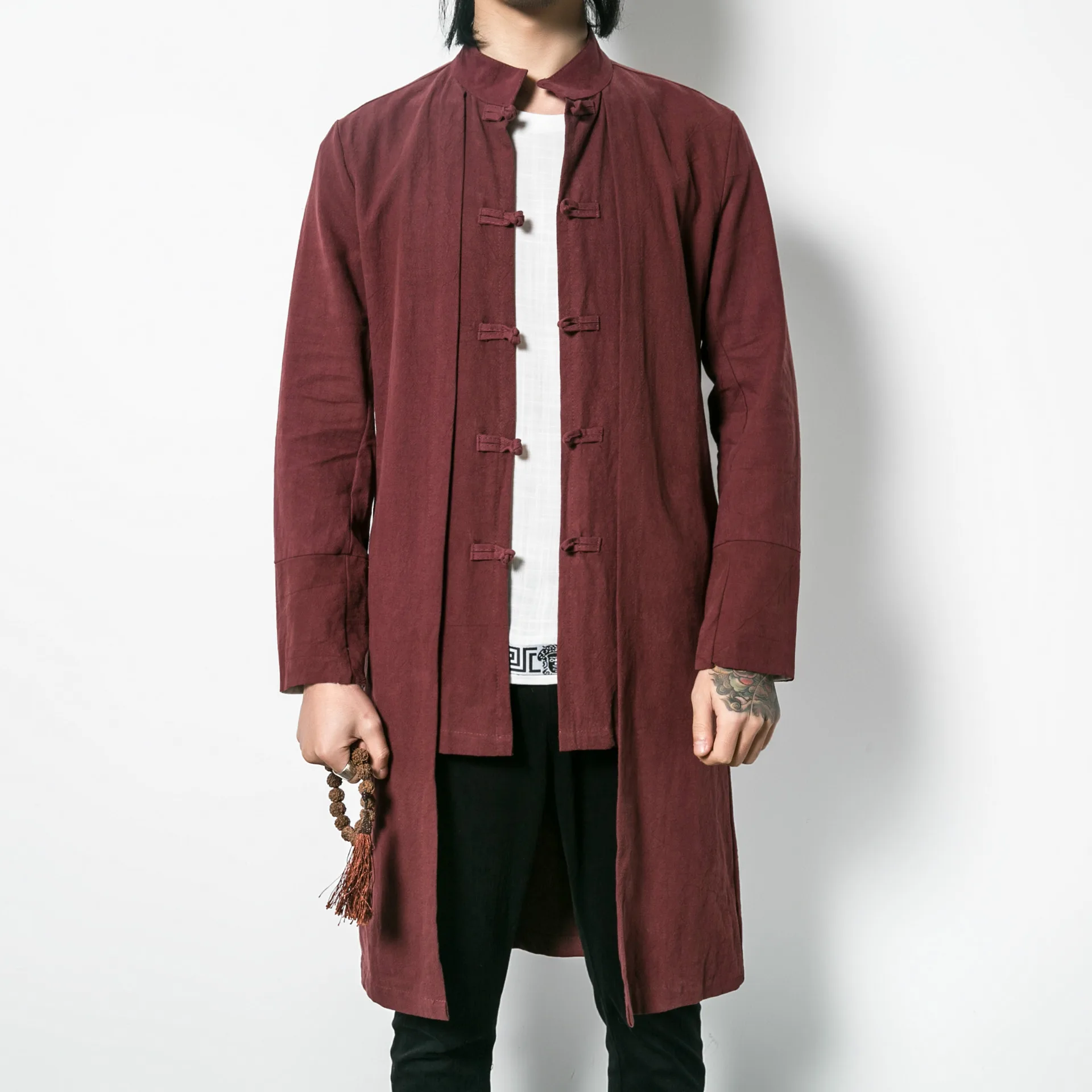Mens Traditional Chinese Clothing Autumn Cotton Linen Long Trench Kung Fu Tai Chi Master Costume Male China Jacket CN-103