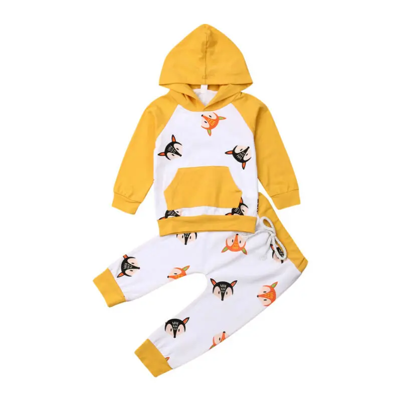 2PCS Kids Baby Girl Boys Autumn Clothes Sets Cartoon Print Hooded Long Sleeve Tops+Pants Outfit | Детская одежда и обувь