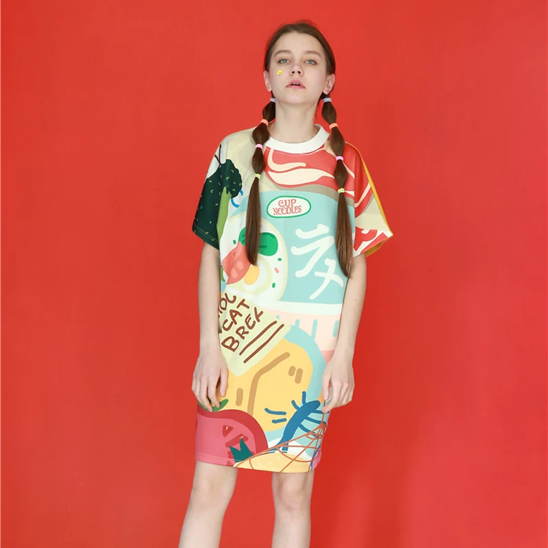 

2018 Fashion Women Summer Dress Loose O Neck Short Sleeve Playful Pattern Printed Splicing Cotton Short Sleeve Ladies Dresses