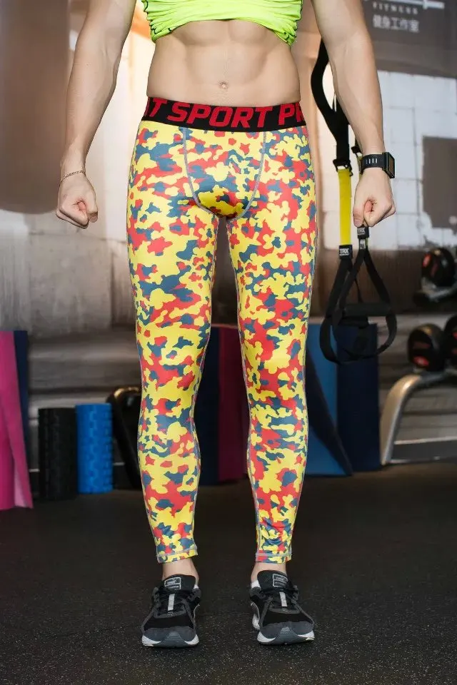 Мужские камуфляжные компрессионные штаны для бега, обтягивающие леггинсы, базовый слой, брюки для фитнеса, трико, Спортивная сексуальная одежда для спортзала - Цвет: Коричневый