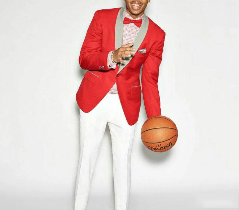 

Red Jacket With White Pants Men's Slim Fit 2 Pieces Custom Made Suits Men Wedding Casual Party Prom Suits Trajes Para Hombre