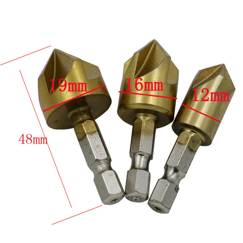Shina 6PCS Set 90 Degree Hexagonal Shank Five Blade 6mm-19mm Chamfer Chamfering Tool Boring Machine Woodworking Countersink Bit