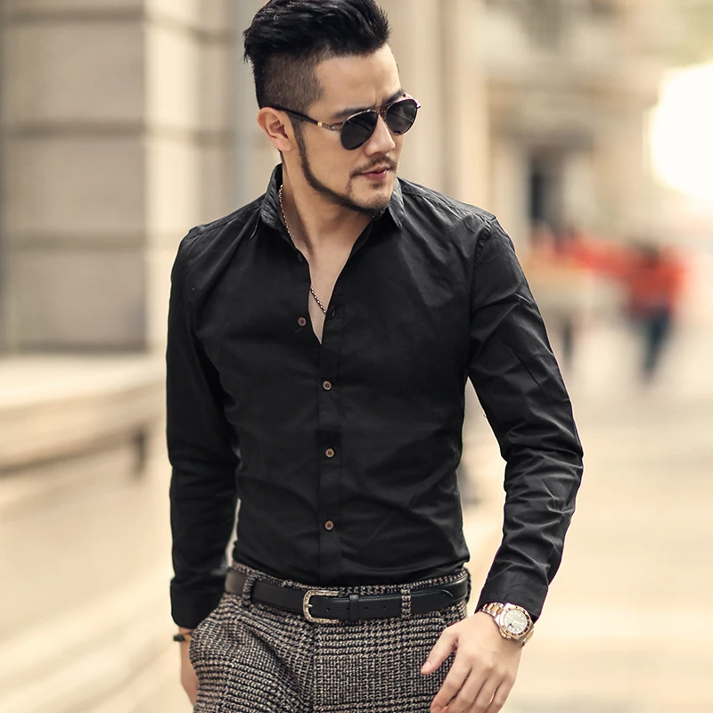 Французский кнопка манжеты Для мужчин рубашки Новая весна Люкс Slim Fit с длинным