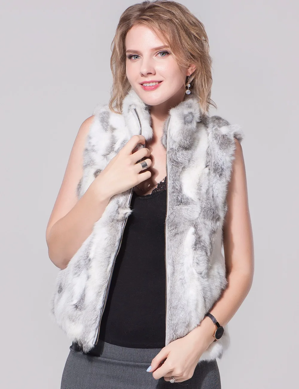 Women Really Rabbit Fur Vest zipper short jacket Mandarin collar no hat