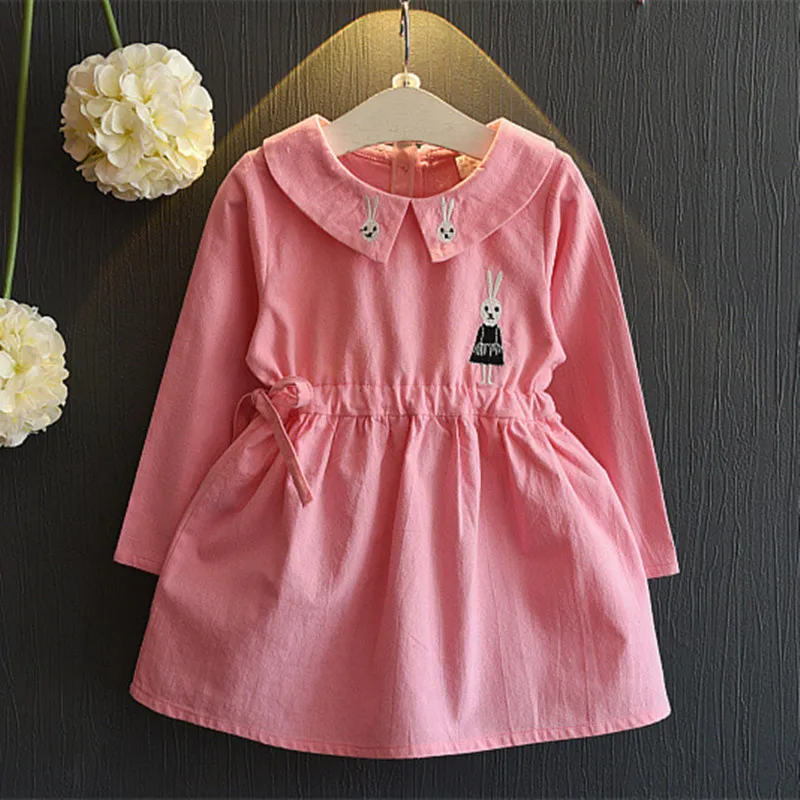 

Autumn Kids Dresses For Girls 2016 Party Long Sleeve Cotton Cartoon Rabbit Embroidery Peter Pan Collar Toddler Girl Dresses 2-7Y