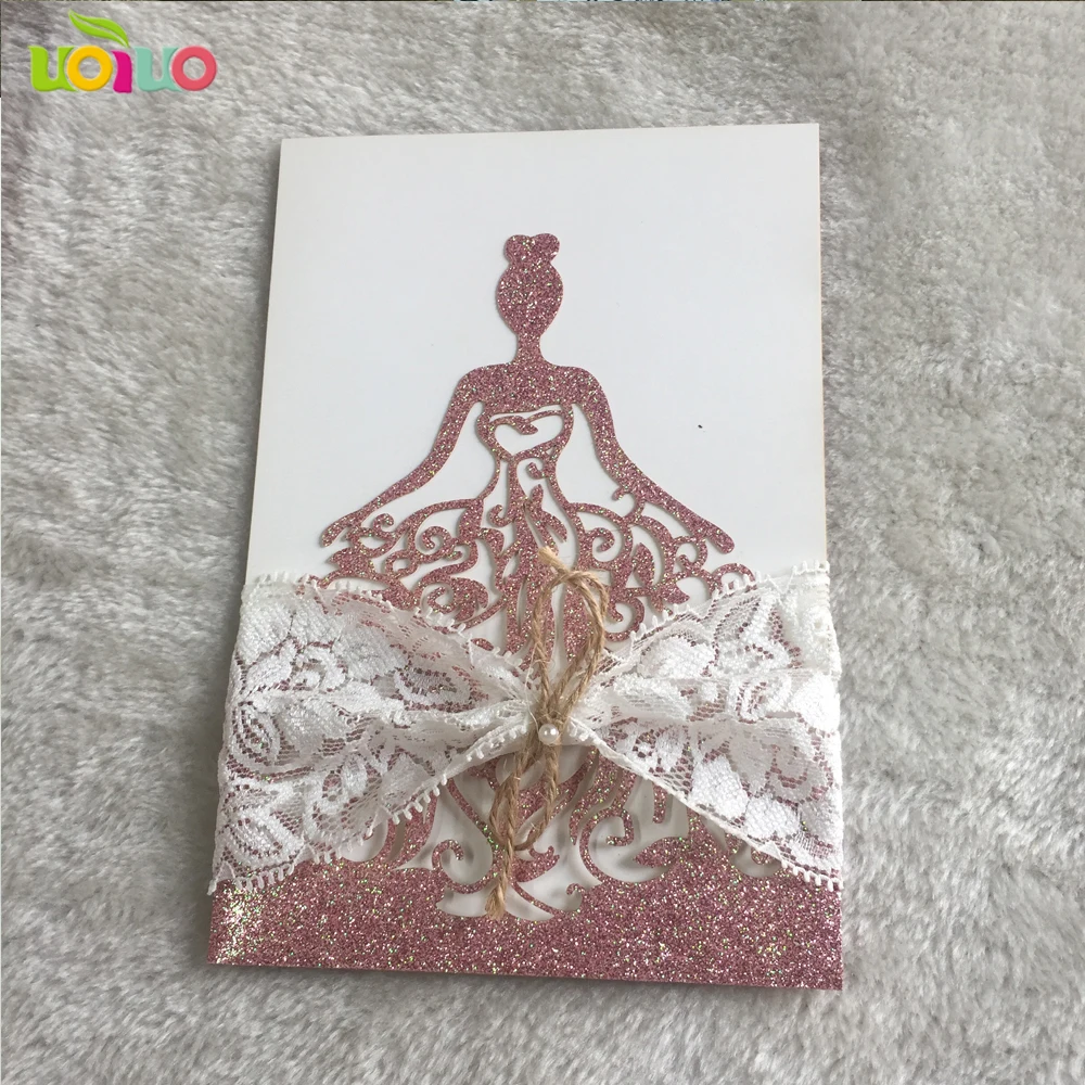 

25pc Laser Cut glitters paper princess Birthday Invitations Card with lace tied bow and buckle
