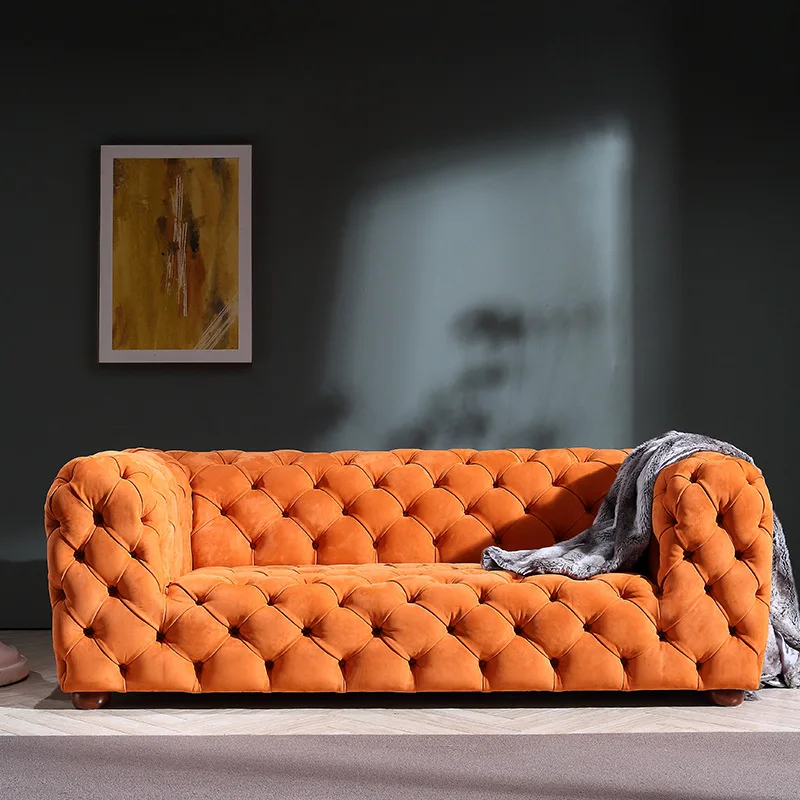 

Light luxury postmodern pull point leather sofa matt velvet pull buckle three-seat sofa