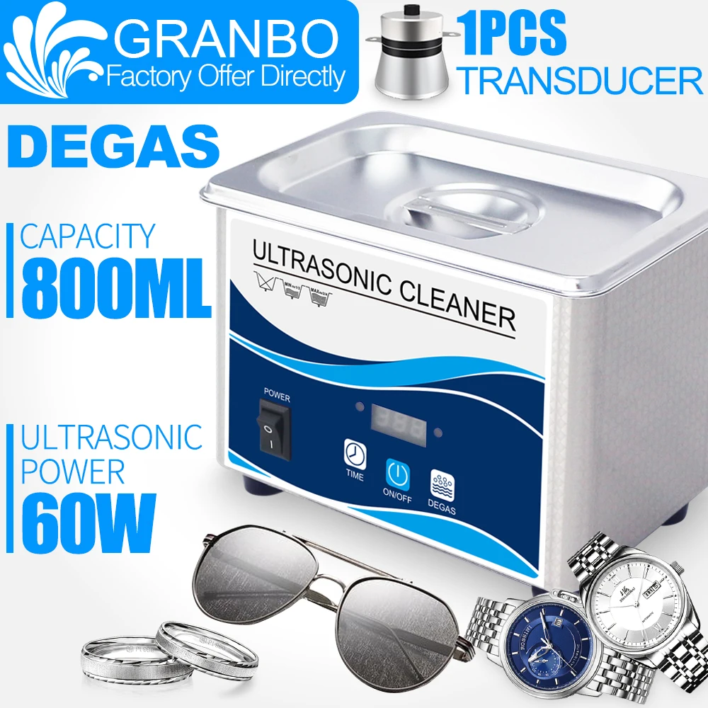 

Granbo Portable 800ml Jewellery Ultrasonic Cleaner 60W 40Khz 110v/220v For Eyeglasses Watches Chain Coin Cleaning Denture Brace