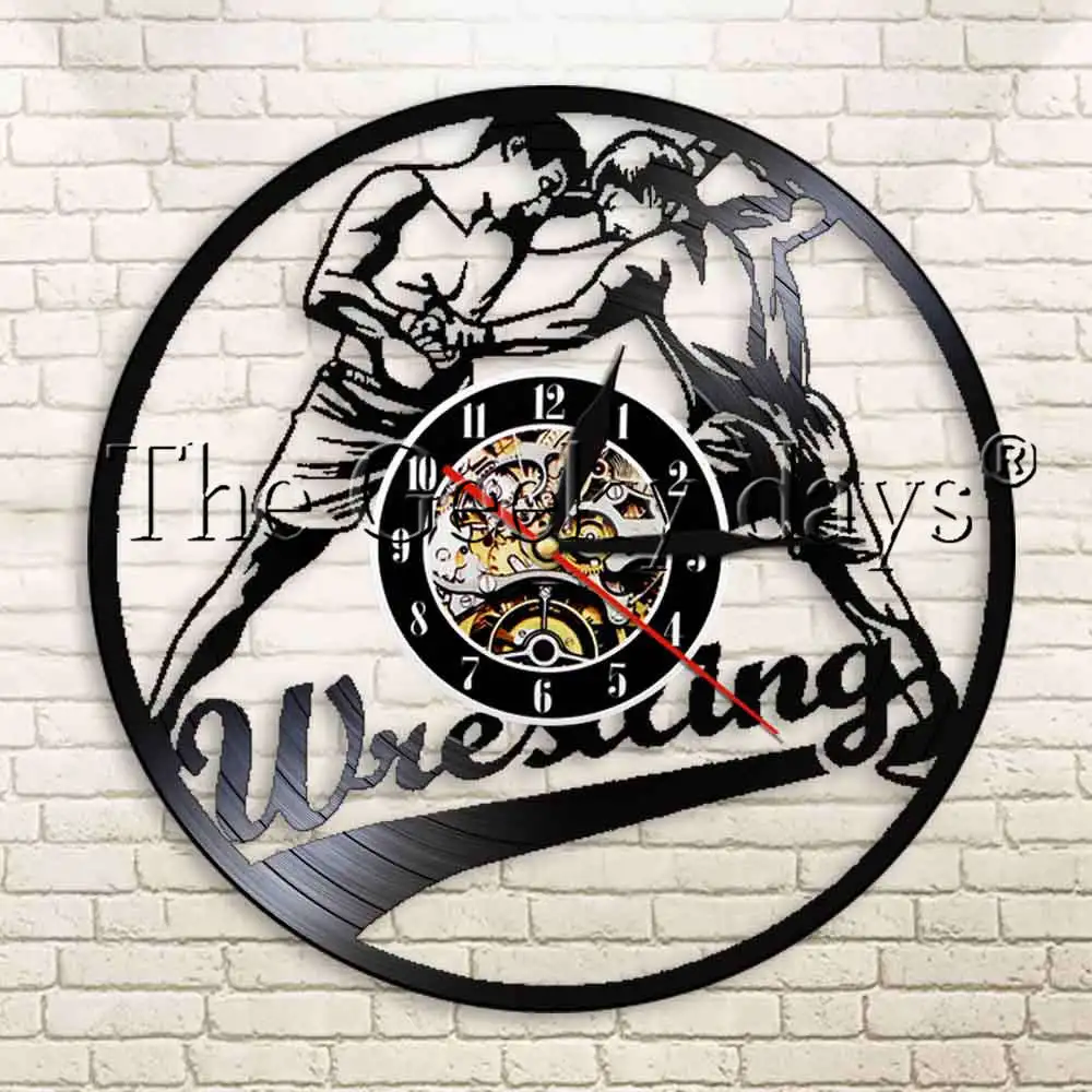 1Piece Men Wrestling Combat Match Vinyl Record Wall Clock Wall Art Home Decor Freestyle Fighting Sport Vintage Wall Clock