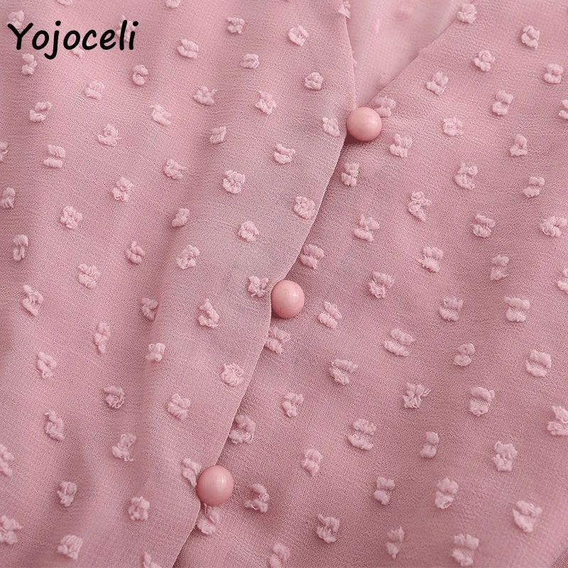 Yojoceli Шикарный шифоновый жаккардовый комбинезон в горошек, женские комбинезоны с расклешенным рукавом на пуговице, комбинезон с бантом, пляжный костюм в богемном стиле для женщин