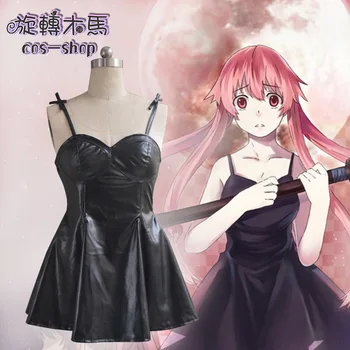 

Future Diary Mirai Nikki Gasai Yuno Cosplay Costume Anime Black Leather Dress Customized Halloween party sexy strap dress