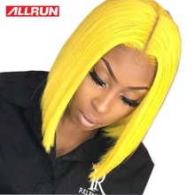 Желтый блонд парик фронта шнурка предварительно цветные Реми натуральные волосы Малайзия парик Прозрачный Швейцарский кружевной передний средний часть короткие парики Боба