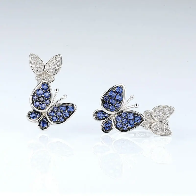 Серебряные серьги в виде бабочек для женщин, сине-белые фианиты, CZ камень, женские серьги из чистого 925 пробы серебра, модное ювелирное изделие