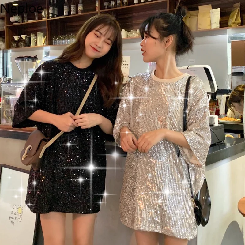 

Neploe Women Sequins TShirts Short Sleeve O-Neck Loose Tops Shirt Mujer Pullover Tee Shirt Femme 2019 Korean Tshirt 38505