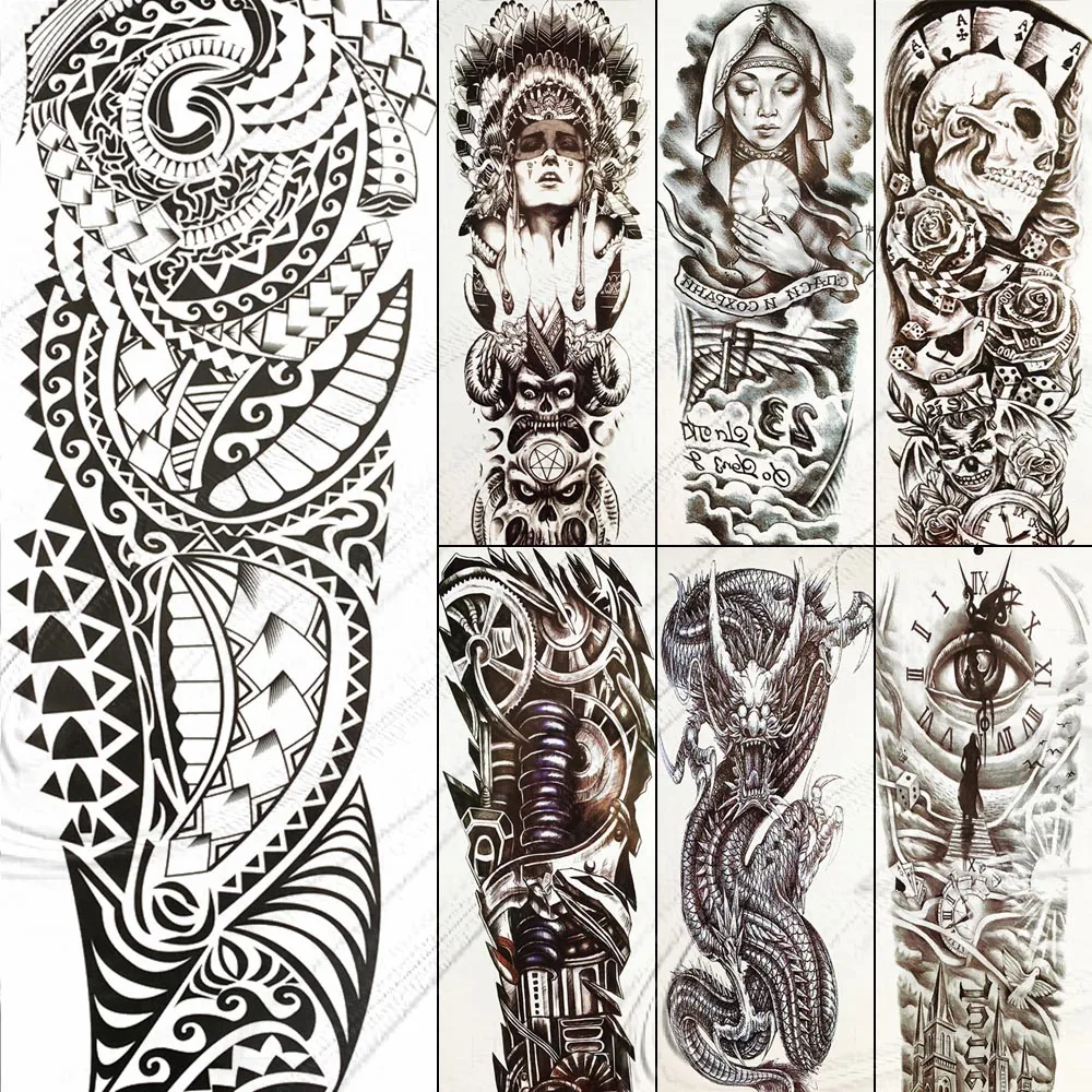 

Large Full Arm Black Totem Temporary Tattoo Maori Fake Waterproof Big Tattoo Stickers For Men Women Boy Girls Tatoos 48x17CM